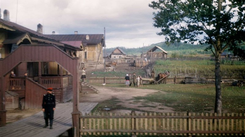 A Rural Soviet town snapped from a passing train, taken by American spy Martin Manhoff, c. 1952-54
