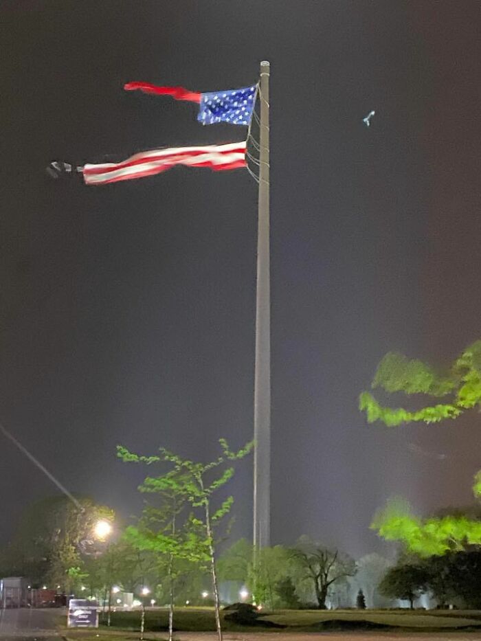 June 2020, In A Strikingly Poignant Metaphor, The Largest Free-Flying American Flag In The Country Was Torn Apart Last Night During Severe Thunderstorms In Sheboygan, Wi