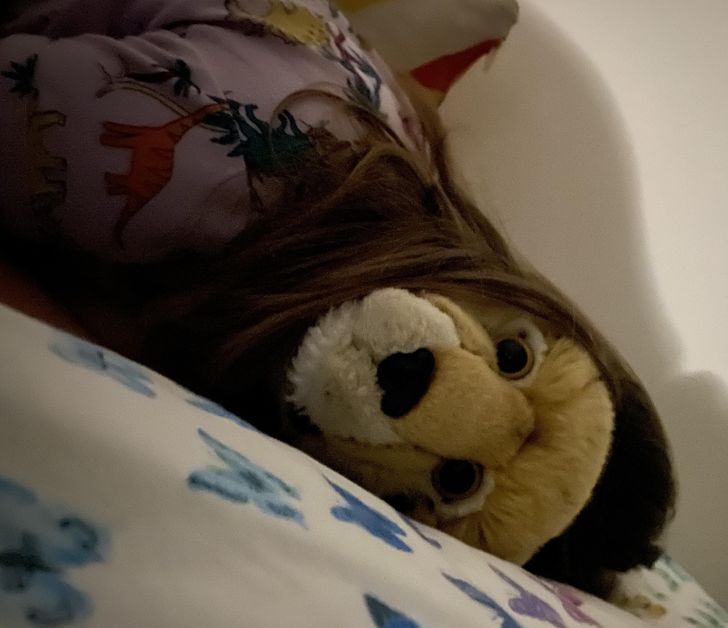 “My daughter going to sleep, hugging her stuffed animal.”