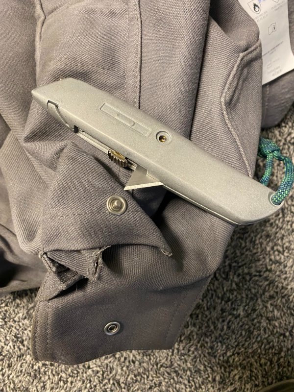 “I picked something up at work, all of a sudden my leg started to hurt, I reached into the pocket at my leg and realised that my spare blade made it out of the case somehow.”