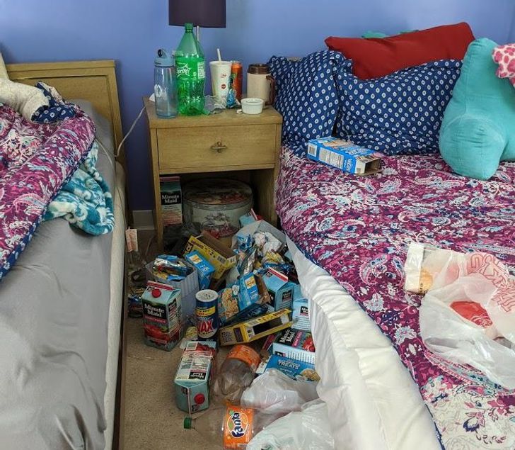 “The girl that we were housing and feeding for free because she couldn’t fly back home left our guest bedroom like this.”