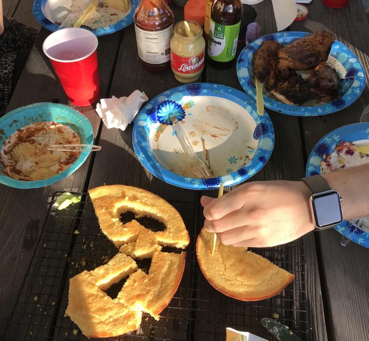 “The way guests cut the cornbread at my buddy’s BBQ.”