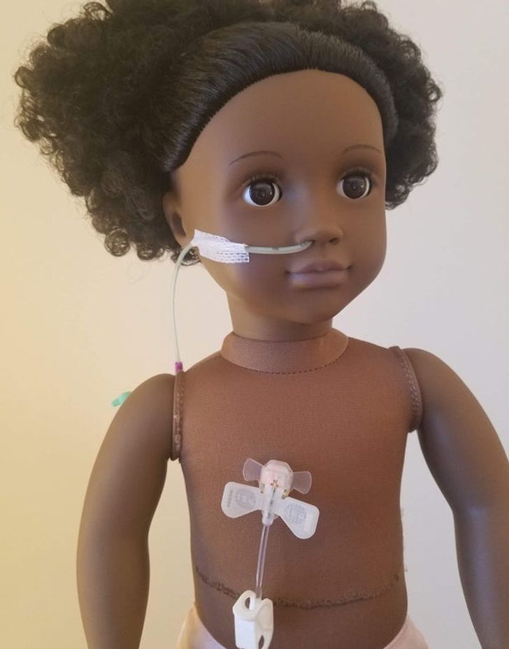 “A custom doll someone made for my 4-year-old fighting kidney cancer...has her port, NG tube, and scar from surgery.”