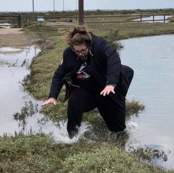 “My mom managed to capture me mid-fall, trying to avoid getting my shoes wet... the next photo is of me in the river.”