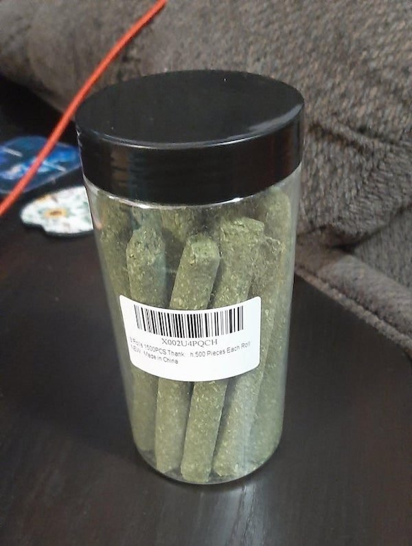 Wife ordered rolls of thank you stickers on ebay. This came instead. Already called for return. What are they? Green cylindrical rolls of what smell like green tea? I’m a big tea drinker and that’s what I think.

A: They’re plant fertilizer sticks