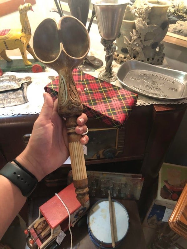 What is this wooden spoon-like thing with two compartments? Over a foot long, phallic in nature.

A: It’s called an Ozhau. Tradition ladle from Kazakhstan.