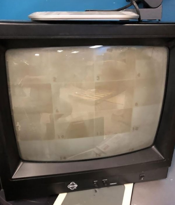 CRT TV with screen burn, It was used as a security cam monitor a long time ago.