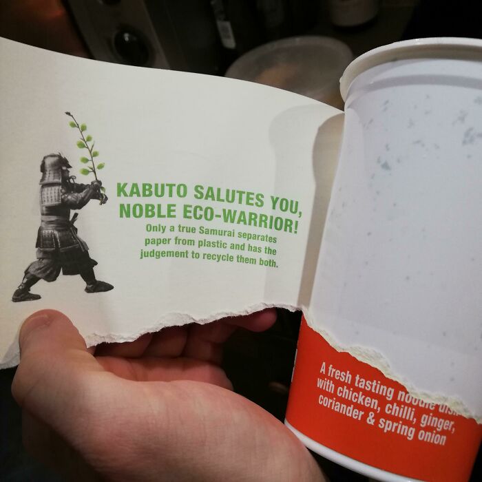 hidden message in products - Kabuto Salutes You, Noble EcoWarrior! Only a true Samurai separates paper from plastic and has the judgement to recycle them both. A fresh tasting nouuie with chicken, chilli, ginger, coriander & spring onion
