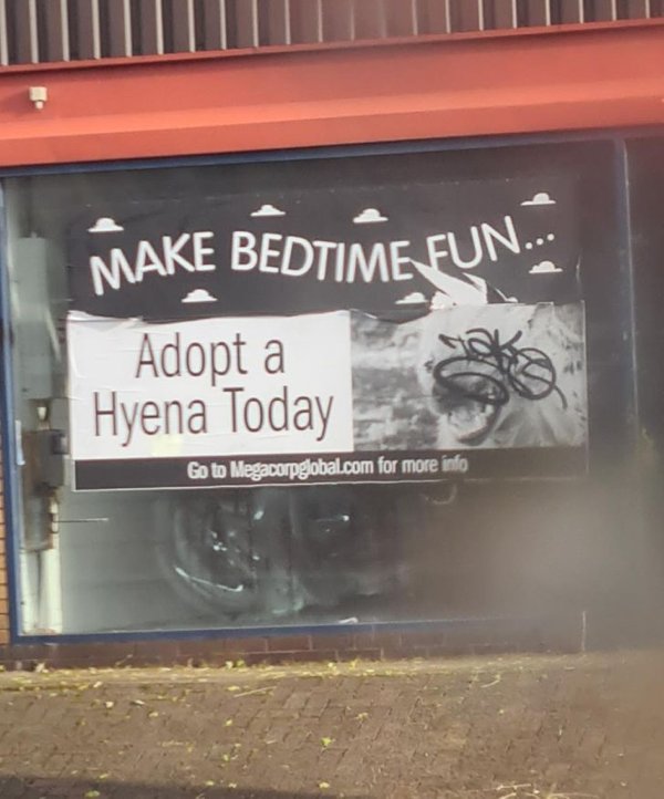 signage - Make Bedtime Fun... Adopt a Hyena Today Go to Megacorpglobal.com for more info