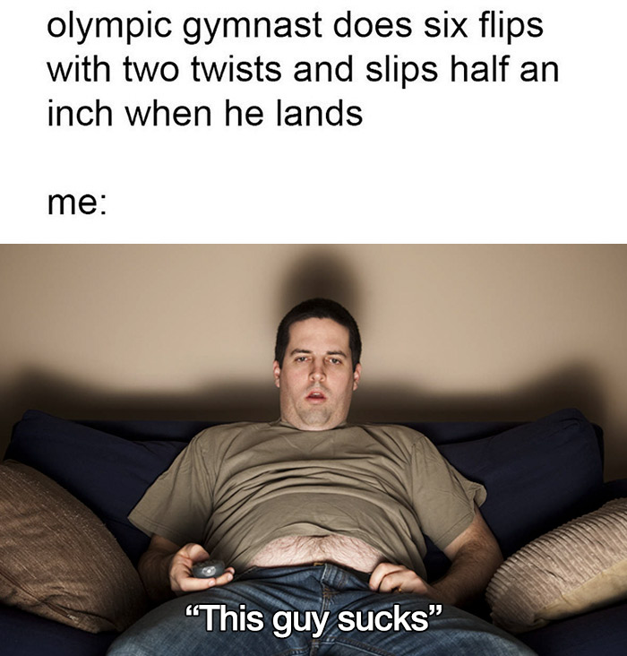 discord admin meme - olympic gymnast does six flips with two twists and slips half an inch when he lands me "This guy sucks