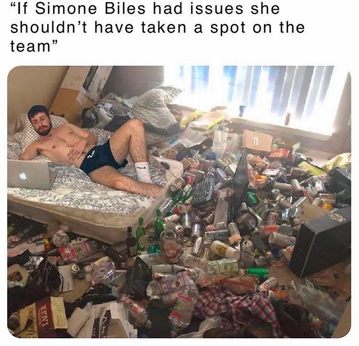 lying in bed meme template - "If Simone Biles had issues she shouldn't have taken a spot on the team" Lager