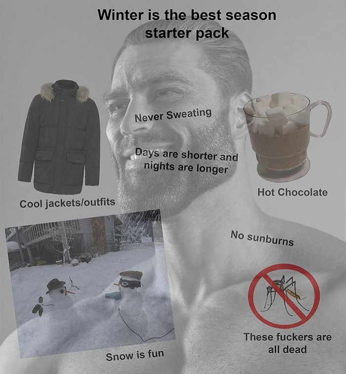 Winter - Winter is the best season starter pack Never Sweating Days are shorter and nights are longer Hot Chocolate Cool jacketsoutfits No sunburns These fuckers are all dead Snow is fun