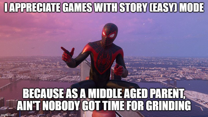 Game - I Appreciate Games With Story Easy Mode Because As A Middle Aged Parent. Ain'T Nobody Got Time For Grinding imgflip.com