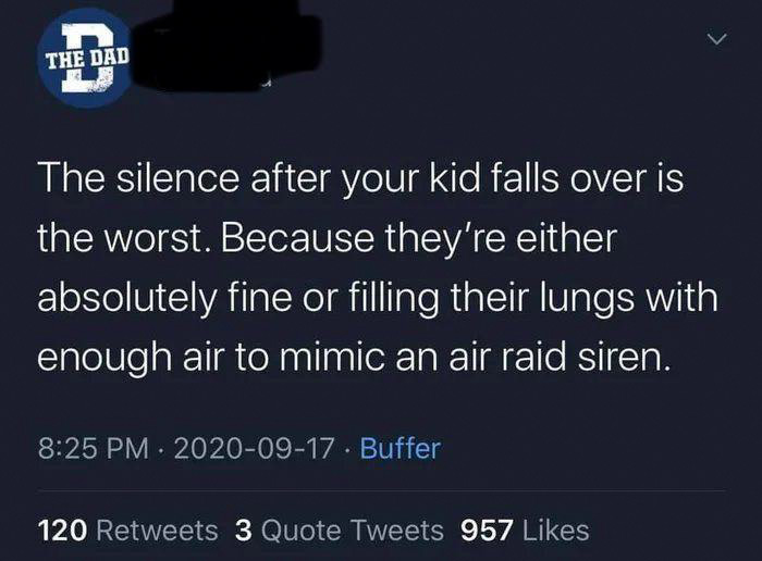 atmosphere - The Dad The silence after your kid falls over is the worst. Because they're either absolutely fine or filling their lungs with enough air to mimic an air raid siren. Buffer 120 3 Quote Tweets 957