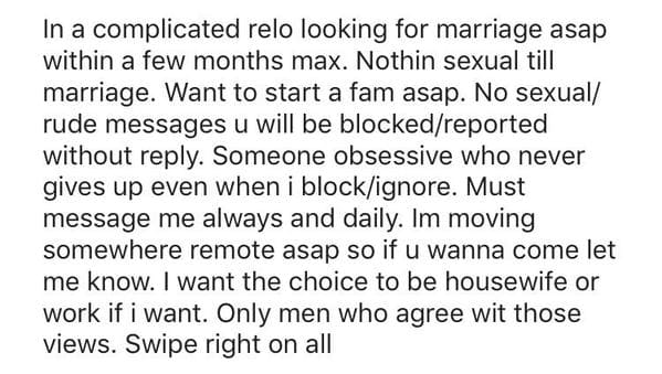 In a complicated relo looking for marriage asap within a few months max. Nothin sexual till marriage. Want to start a fam asap. No sexual rude messages u will be blockedreported without . Someone obsessive who never gives up even when i blockignore. Must…