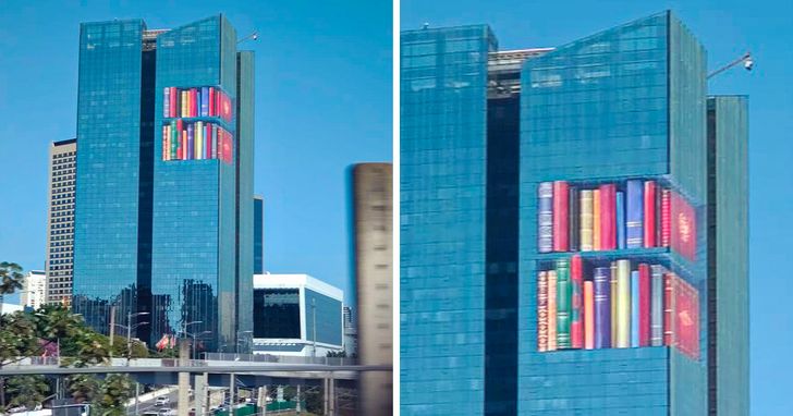 A futuristic-looking building with a bookshelf