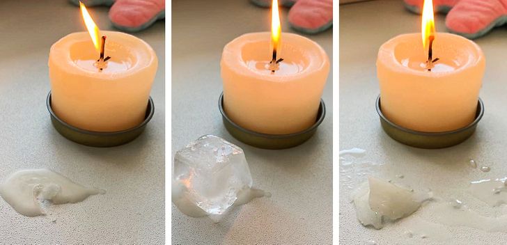 The process of removing wax from furniture or fabric can damage their surfaces. Next time, put an ice cube or a plastic bag filled with ice on the wax drop for a few minutes. When the wax freezes and becomes hard, you can easily remove it in one motion.
