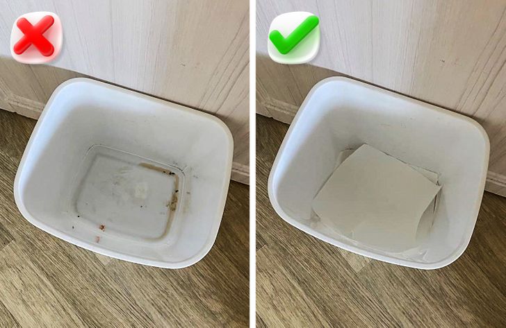 It might seem like putting a piece of paper under a trash bag is unnecessary. However, you will change your mind once you see all the unpleasant slush that gathers at the bottom of the bin. To avoid it and make the bin-washing process easier, just put paper or old newspapers at the bottom.