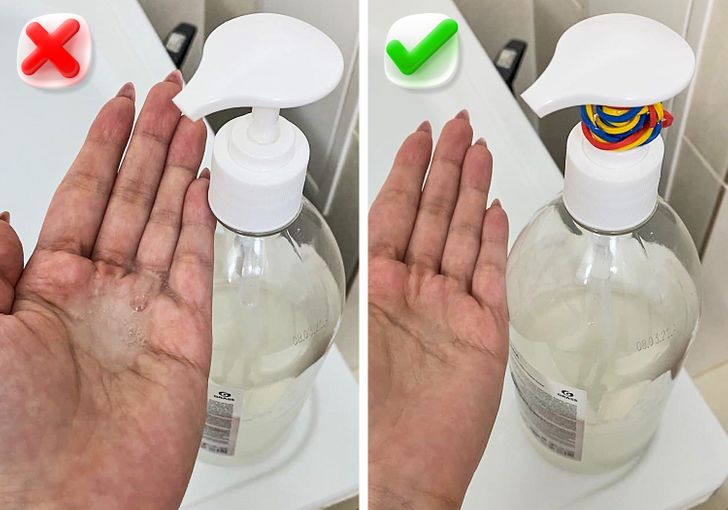 If your children always press out too much liquid soap from the dispenser, use this simple trick. Wrap a rubber band around the neck of the dispenser. In this case, the pump can’t be pressed all the way to the bottom, and you’ll get as much soap as you need.