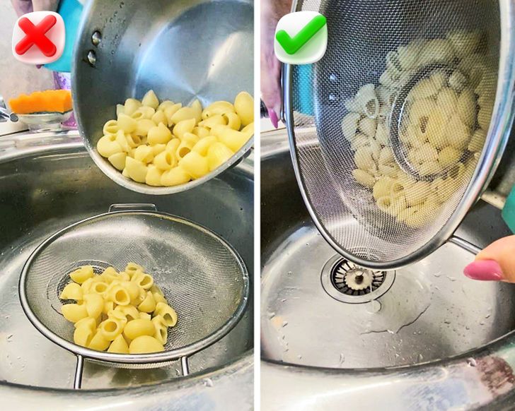 Actually, you don’t have to put pasta inside the colander to remove water from it. The more convenient way is pressing it against the saucepan top. This way, you won’t have to move the pasta back and forth. Besides, this method is handy when your sink is full of dirty dishes.