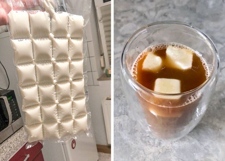 You can freeze milk or dairy cream in ice cube bags. This trick can be useful for those who love iced coffee, or when the shelf life of the milk is just around the corner. Additionally, frozen cream, as well as frozen broth or oil with herbs, can be used for cooking.