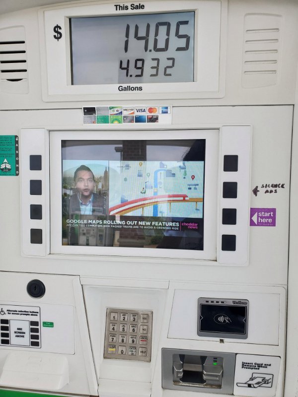 “At the gas pump someone wrote which button silences ads being shown.”