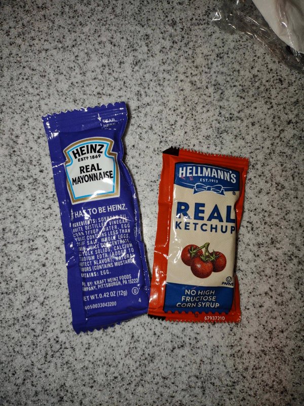 “The ketchup and mayonnaise packets I got from a restaurant with my food are the opposite brands off what I would consider their specially, ie Heinz made the mayo and Hellmann’s made the ketchup.”