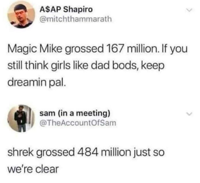 shrek meme dad bod - A$Ap Shapiro Magic Mike grossed 167 million. If you still think girls dad bods, keep dreamin pal. sam in a meeting shrek grossed 484 million just so we're clear