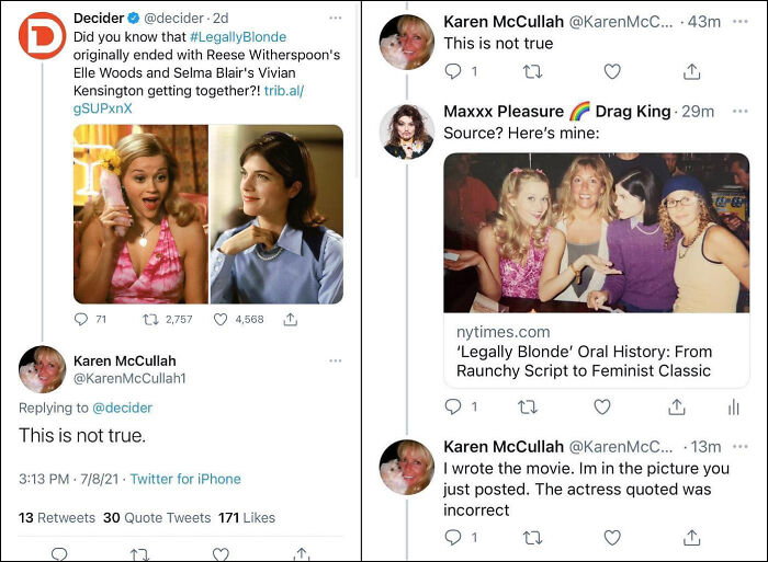 karen mccullah twitter - Decider 2d D Did you know that Karen McCullah McC... 43m This is not true 1 t2 originally ended with Reese Witherspoon's Elle Woods and Selma Blair's Vivian Kensington getting together?! trib.al gSUPxnx Maxxx Pleasure Drag King 29