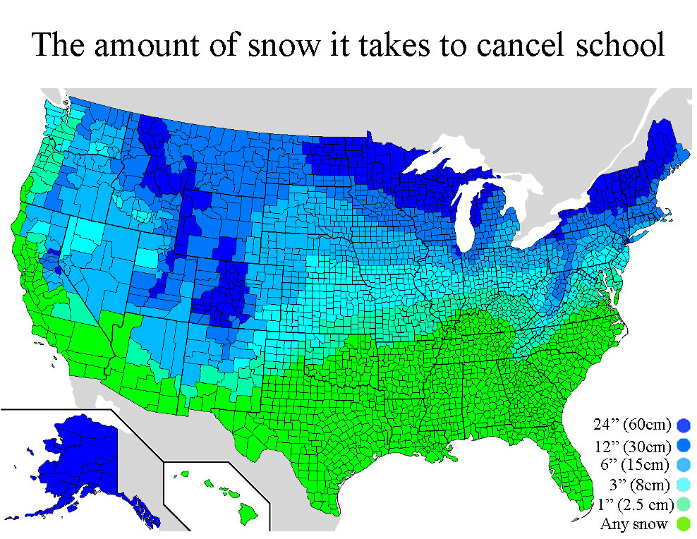 cool maps - The amount of snow it takes to cancel school 24" 60cm 12" 30cm 6" 15cm 3" 8cm 1" 2.5 cm Any snow