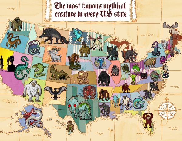 mythological creatures infographic - The most famous mythical creature in every Us state 8 W E