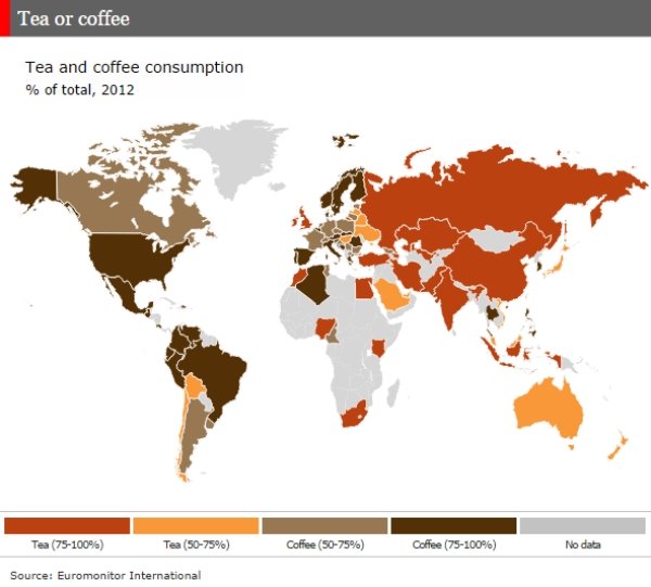 tea vs coffee map - Tea or coffee Tea and coffee consumption % of total, 2012 Tea 75100% Tea 5075% Coffee 5075% Coffee 75100% No data Source Euromonitor International