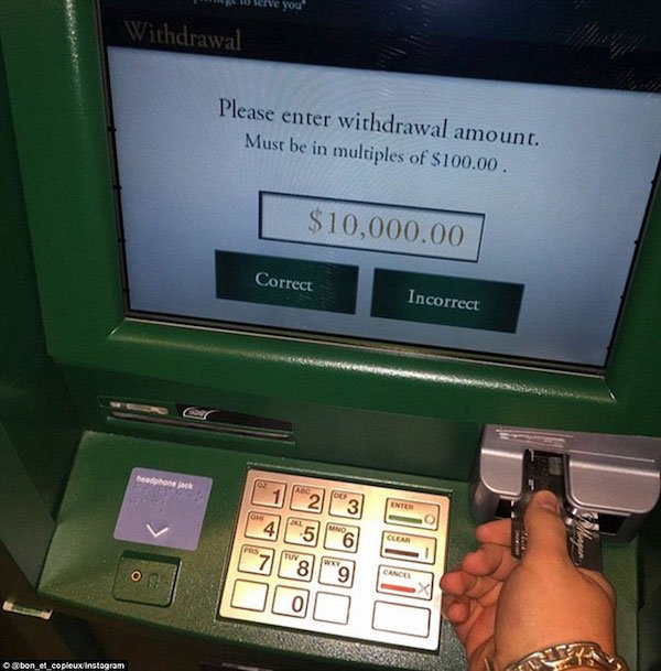 rich atm - ve you Vithdrawal Please enter withdrawal amount. Must be in multiples of $100.00. $10,000.00 Correct Incorrect headphone jack 1 for 2 . 3 Enter Brl 4 Uno 5 6 Clear 7 8 Tun 7 Wy Os 9 Cancer o et copleux instagram
