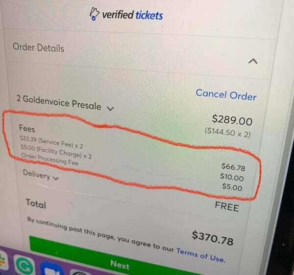 $81.78 in fees for two concert tickets, but don’t worry, delivery on the virtual tickets is F R E E