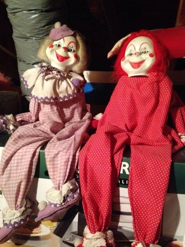 My mom is truly terrified of clowns. My dad has been hiding these around our house for 40 years. Latest placement: the attic