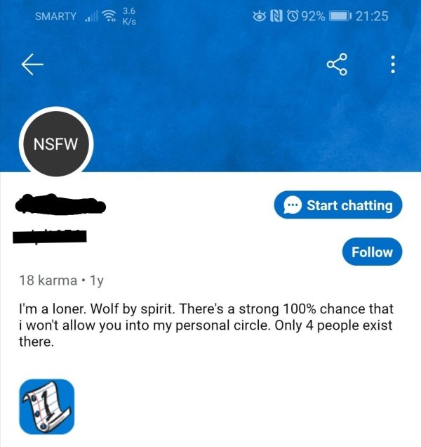 screenshot - Smarty 3.6 Ks On 92% Nsfw ... Start chatting 18 karma.ly I'm a loner. Wolf by spirit. There's a strong 100% chance that i won't allow you into my personal circle. Only 4 people exist there.