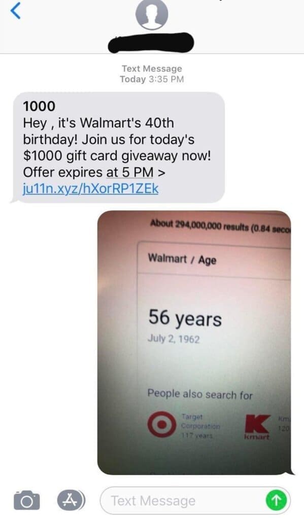 target gift message - Text Message Today 1000 Hey, it's Walmart's 40th birthday! Join us for today's $1000 gift card giveaway now! Offer expires at 5 Pm > ju11n.xyzhXorRP1ZEK About 294,000,000 results 0.84 seco WalmartAge 56 years People also search for T