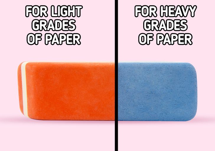The blue part of an eraser was never meant for pens. Most of us were taught that the blue end is used to erase pen, something that has proven to be inaccurate. In reality, the hard blue side is used on heavy grades of paper while the light orange one, on light grades of paper. This makes perfect sense if you think about how the blue part would ruin a regular piece of paper when used on it. The orange part can also be used to erase small mistakes in between words where there isn’t very much space.
