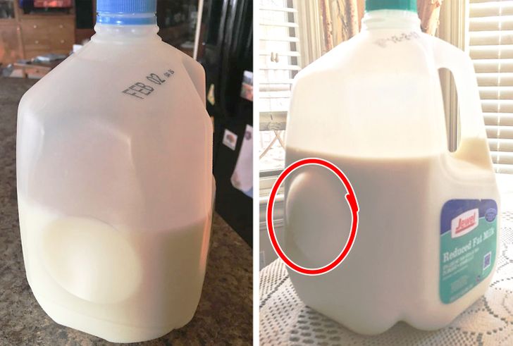 The round indentation on some milk jugs. Like all fresh food, milk goes bad after some time and after doing so it emits gases that can make the bottle flex. That’s where the circular indentation comes in handy since it absorbs the pressure from the gases. This is also useful if you need to freeze your milk, which will expand quite a bit while in the freezer. If it wasn’t for that small circle then your milk would explode in your fridge a few days after going bad.