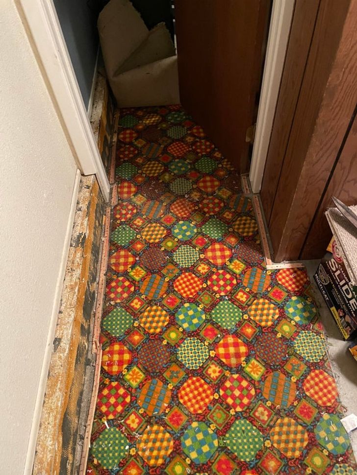 “We tore up some carpeting in our house, expecting concrete, but instead found this ’70s masterpiece.”