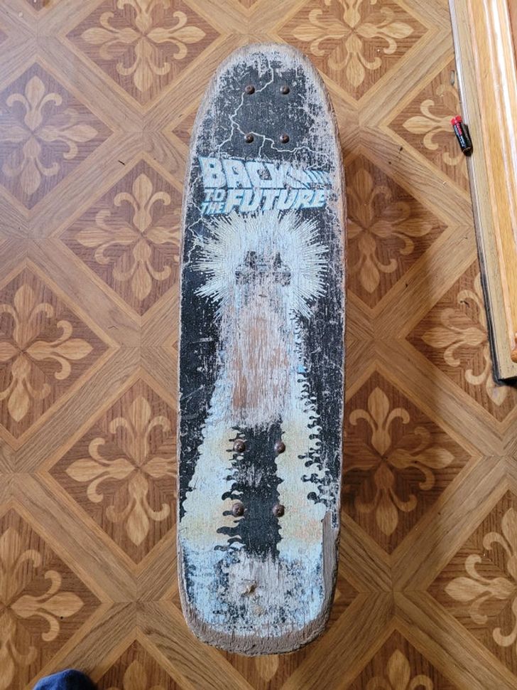 “I found an original 1985 Back To The Future skateboard at the back of my parents’ shed today. Shame about the condition but still great!”