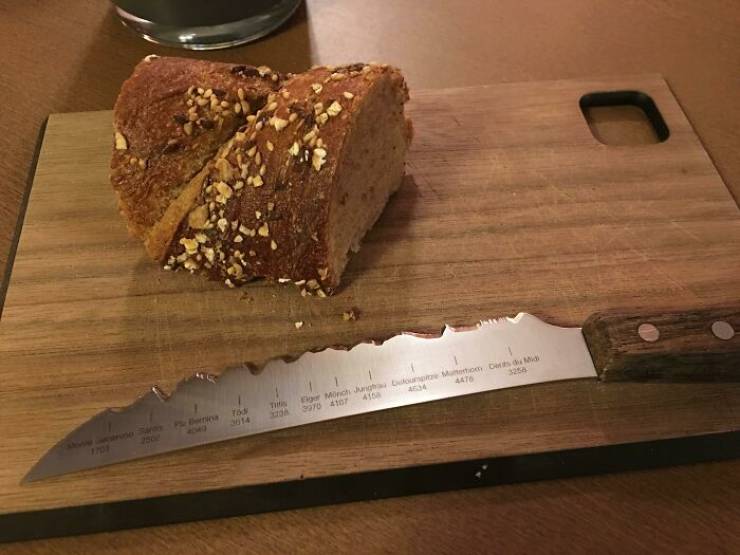 This bread knife in a swiss restaurant has a silhouette of the major peaks in Switzerland.