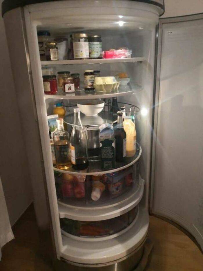 This refrigerator has a built-in lazy Susan.