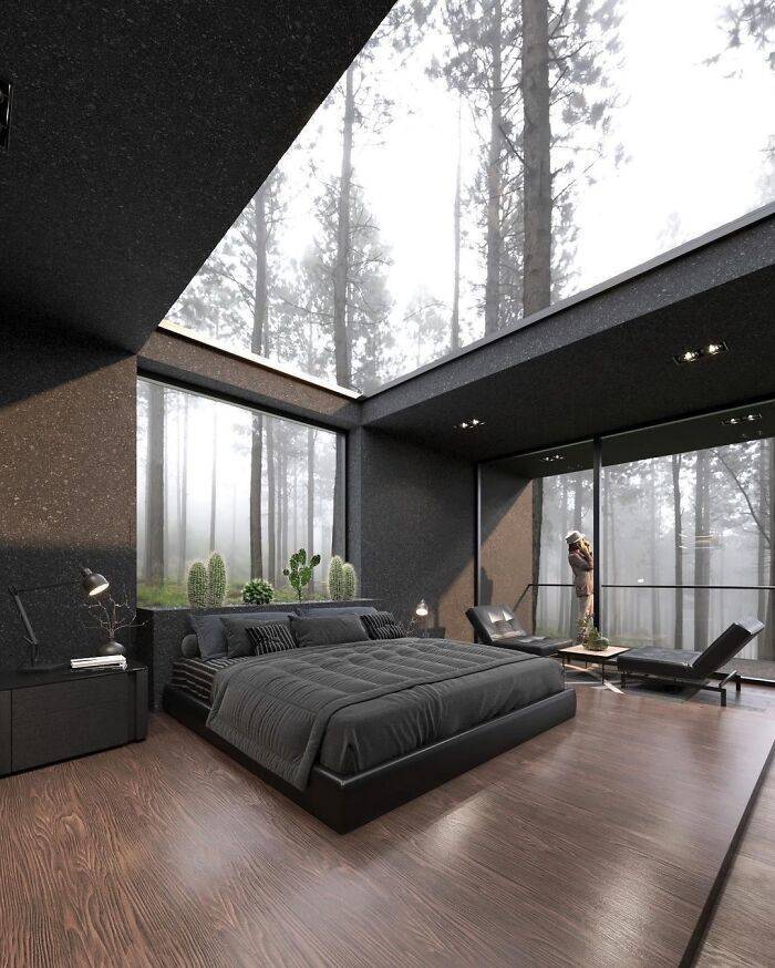 This contemporary house glass ceiling bedroom.