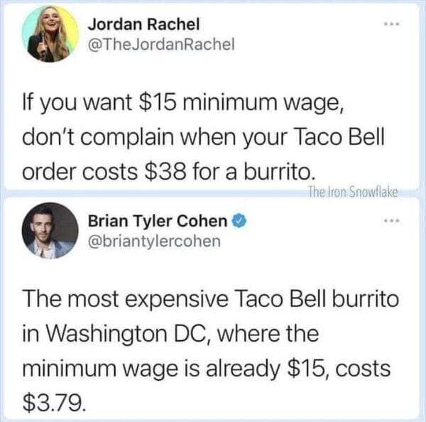 savage comments and brutal comebacks - Wage - Jordan Rachel If you want $15 minimum wage, don't complain when your Taco Bell order costs $38 for a burrito. The Iron Snowflake Brian Tyler Cohen The most expensive Taco Bell burrito in Washington Dc, where t