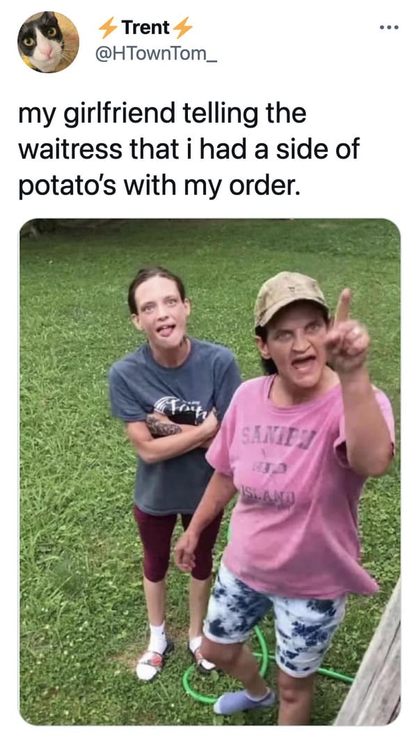 funny tweets -  Trent my girlfriend telling the waitress that i had a side of potato's with my order. Sarie Island