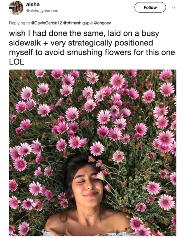 influencers getting the shot - flora - aisha Gaisha_yasmeen aGavinGarcia 12 Gohmyshigupie Wohgoey wish I had done the same, laid on a busy sidewalk very strategically positioned myself to avoid smushing flowers for this one Lol