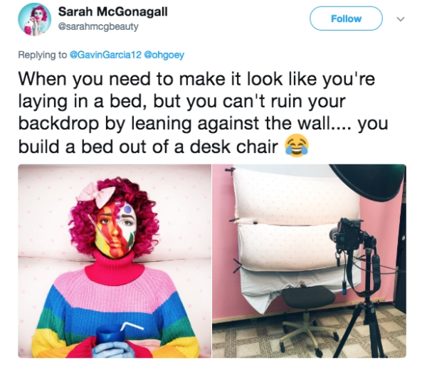influencers getting the shot - media - Sarah McGonagall When you need to make it look you're laying in a bed, but you can't ruin your backdrop by leaning against the wall.... you build a bed out of a desk chair