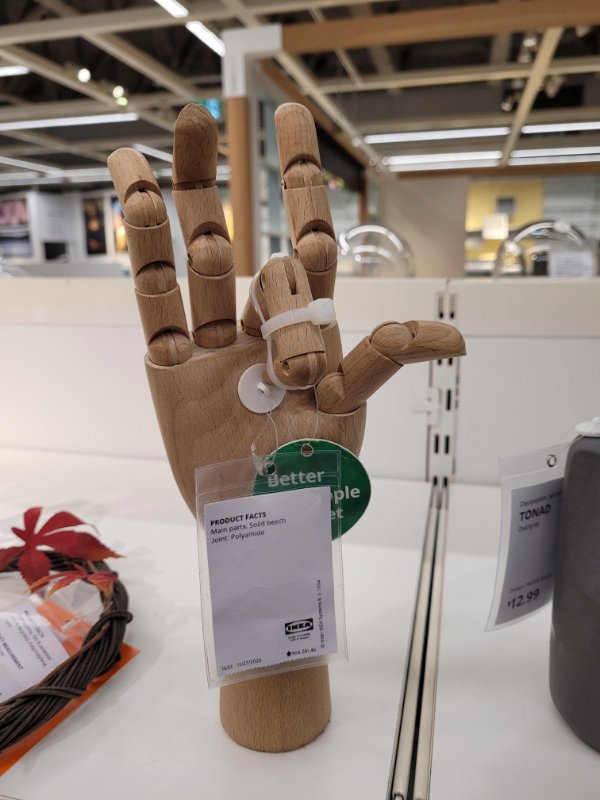 “This ornamental hand at my local IKEA with the middle finger ziptied down.”