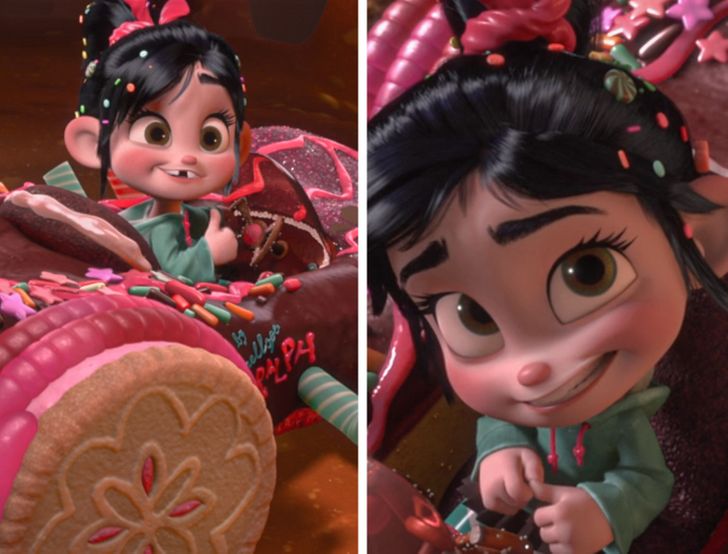 In Disney’s Wreck-it Ralph, there’s a scene where Vanellope practices go-karting on the track that Ralph built for her. After a bit, she crashes into a pole. That’s actually the accident that led her to lose a tooth if you recall. And even though you can clearly see that she lost it and then, you can also spot that throughout the rest of the movie that same tooth is still there.